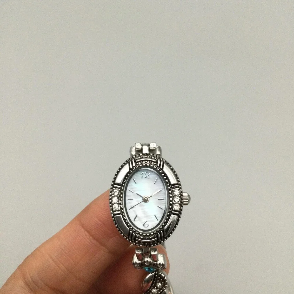 Womens Watch 19mm Silver Tone Oval White MOP Bracelet Gemmed New Battery 7.75